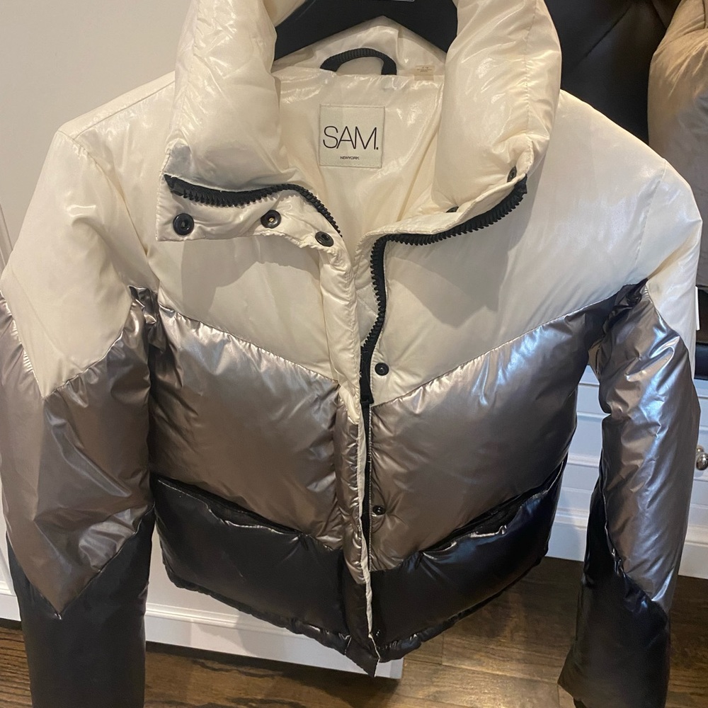SAM kids crop jacket, size 14, white/silver/black combo